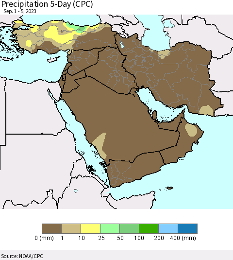 Middle East and Turkey Precipitation 5-Day (CPC) Thematic Map For 9/1/2023 - 9/5/2023
