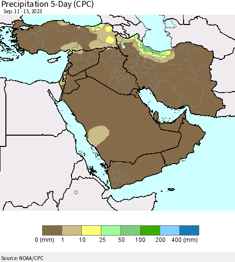 Middle East and Turkey Precipitation 5-Day (CPC) Thematic Map For 9/11/2023 - 9/15/2023