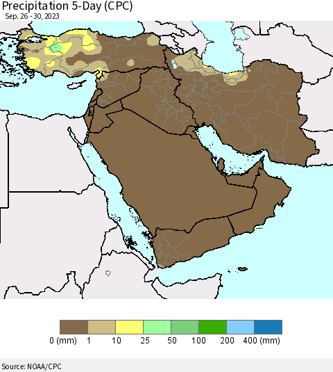 Middle East and Turkey Precipitation 5-Day (CPC) Thematic Map For 9/26/2023 - 9/30/2023
