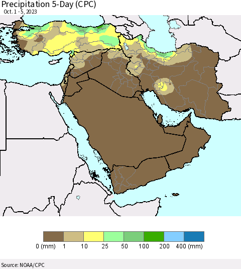 Middle East and Turkey Precipitation 5-Day (CPC) Thematic Map For 10/1/2023 - 10/5/2023