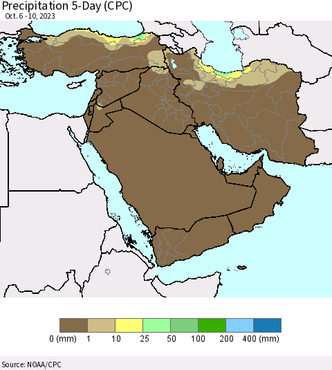 Middle East and Turkey Precipitation 5-Day (CPC) Thematic Map For 10/6/2023 - 10/10/2023
