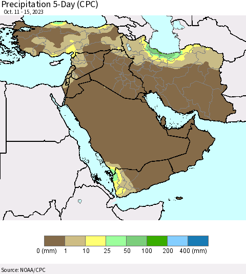 Middle East and Turkey Precipitation 5-Day (CPC) Thematic Map For 10/11/2023 - 10/15/2023