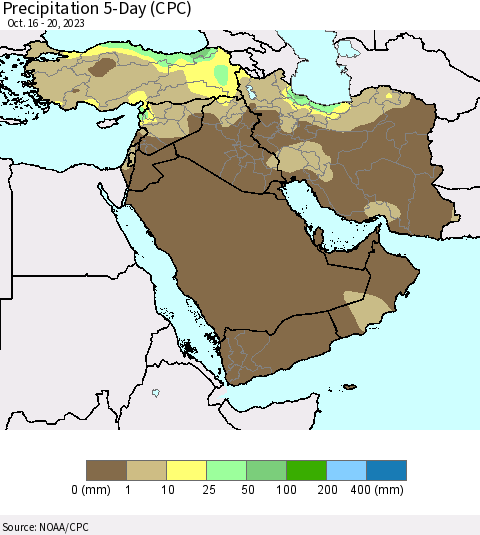 Middle East and Turkey Precipitation 5-Day (CPC) Thematic Map For 10/16/2023 - 10/20/2023
