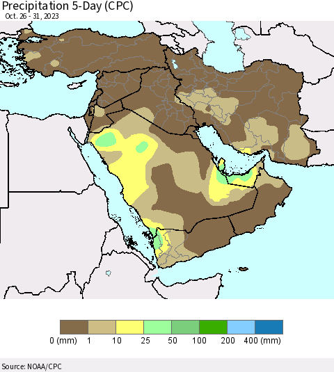 Middle East and Turkey Precipitation 5-Day (CPC) Thematic Map For 10/26/2023 - 10/31/2023