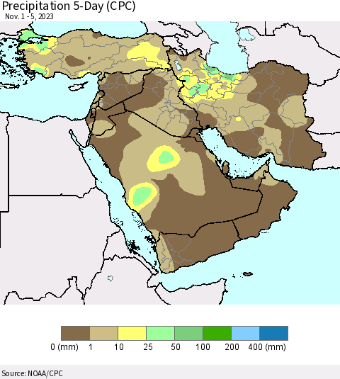 Middle East and Turkey Precipitation 5-Day (CPC) Thematic Map For 11/1/2023 - 11/5/2023