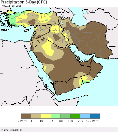 Middle East and Turkey Precipitation 5-Day (CPC) Thematic Map For 11/11/2023 - 11/15/2023