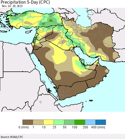 Middle East and Turkey Precipitation 5-Day (CPC) Thematic Map For 11/16/2023 - 11/20/2023