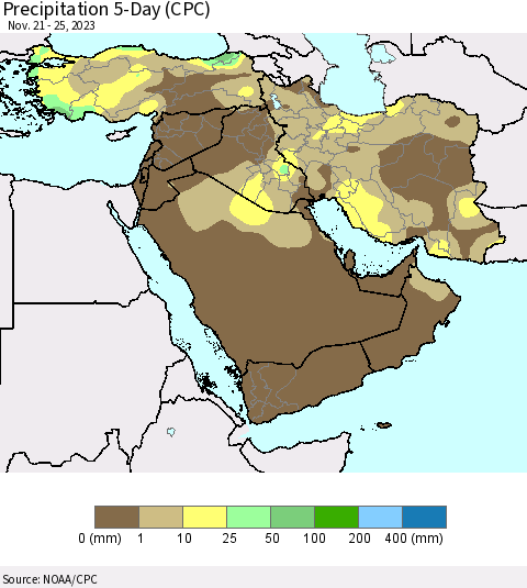 Middle East and Turkey Precipitation 5-Day (CPC) Thematic Map For 11/21/2023 - 11/25/2023