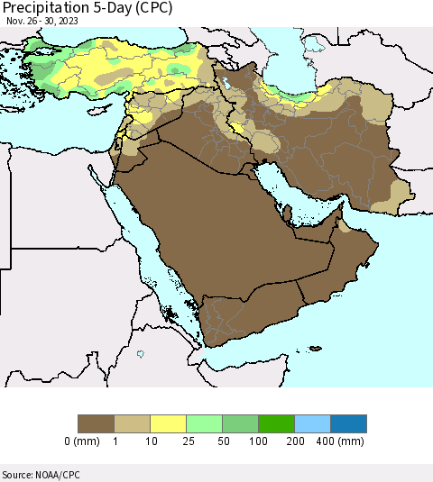 Middle East and Turkey Precipitation 5-Day (CPC) Thematic Map For 11/26/2023 - 11/30/2023