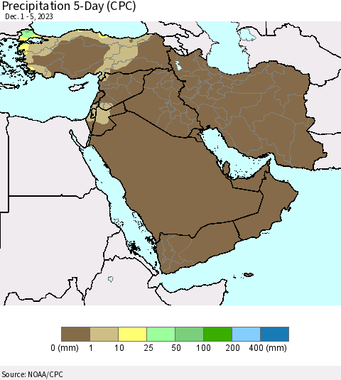 Middle East and Turkey Precipitation 5-Day (CPC) Thematic Map For 12/1/2023 - 12/5/2023