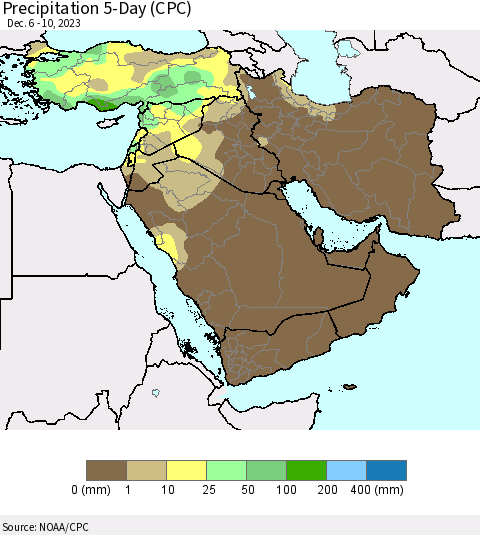 Middle East and Turkey Precipitation 5-Day (CPC) Thematic Map For 12/6/2023 - 12/10/2023