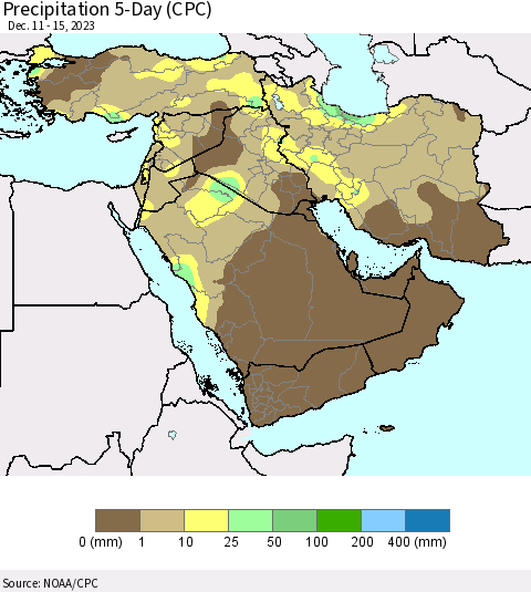 Middle East and Turkey Precipitation 5-Day (CPC) Thematic Map For 12/11/2023 - 12/15/2023