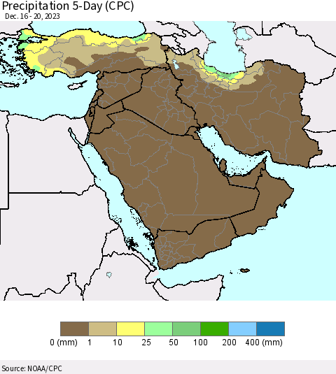 Middle East and Turkey Precipitation 5-Day (CPC) Thematic Map For 12/16/2023 - 12/20/2023