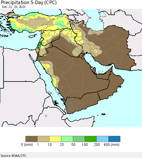 Middle East and Turkey Precipitation 5-Day (CPC) Thematic Map For 12/21/2023 - 12/25/2023