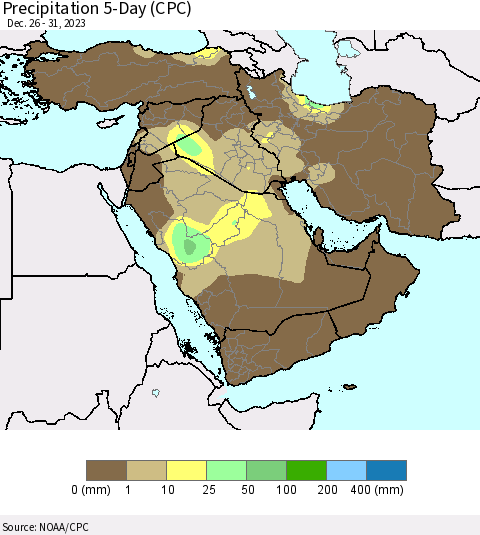 Middle East and Turkey Precipitation 5-Day (CPC) Thematic Map For 12/26/2023 - 12/31/2023