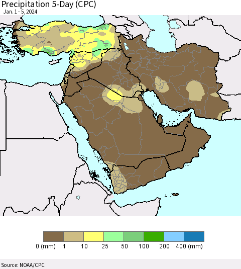 Middle East and Turkey Precipitation 5-Day (CPC) Thematic Map For 1/1/2024 - 1/5/2024