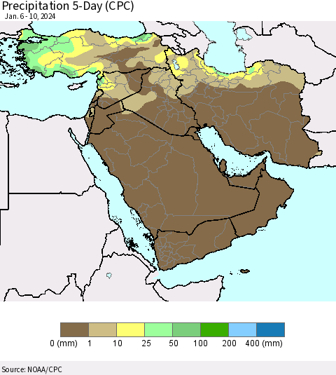 Middle East and Turkey Precipitation 5-Day (CPC) Thematic Map For 1/6/2024 - 1/10/2024