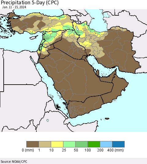 Middle East and Turkey Precipitation 5-Day (CPC) Thematic Map For 1/11/2024 - 1/15/2024