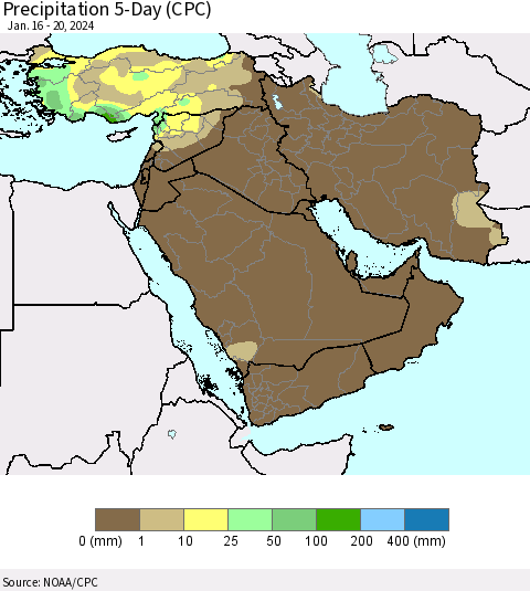 Middle East and Turkey Precipitation 5-Day (CPC) Thematic Map For 1/16/2024 - 1/20/2024