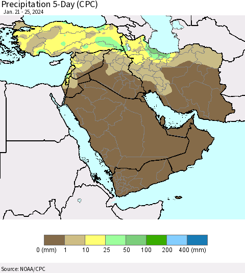 Middle East and Turkey Precipitation 5-Day (CPC) Thematic Map For 1/21/2024 - 1/25/2024