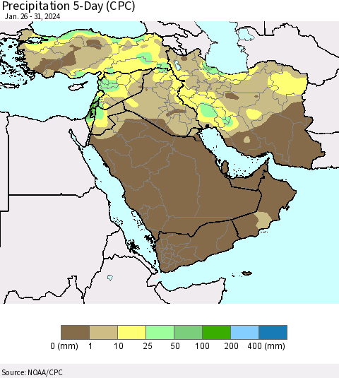 Middle East and Turkey Precipitation 5-Day (CPC) Thematic Map For 1/26/2024 - 1/31/2024