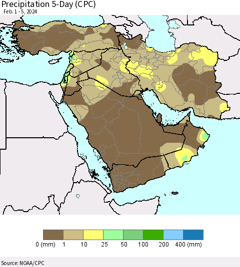 Middle East and Turkey Precipitation 5-Day (CPC) Thematic Map For 2/1/2024 - 2/5/2024