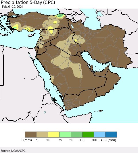 Middle East and Turkey Precipitation 5-Day (CPC) Thematic Map For 2/6/2024 - 2/10/2024