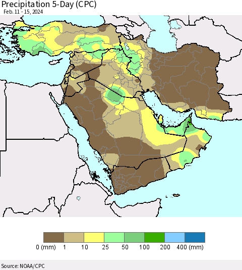 Middle East and Turkey Precipitation 5-Day (CPC) Thematic Map For 2/11/2024 - 2/15/2024