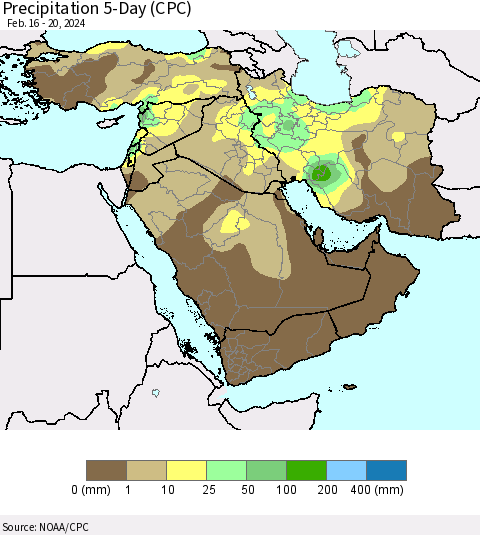 Middle East and Turkey Precipitation 5-Day (CPC) Thematic Map For 2/16/2024 - 2/20/2024
