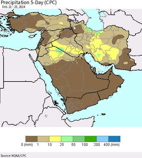 Middle East and Turkey Precipitation 5-Day (CPC) Thematic Map For 2/21/2024 - 2/25/2024