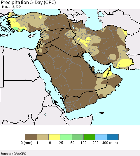 Middle East and Turkey Precipitation 5-Day (CPC) Thematic Map For 3/1/2024 - 3/5/2024
