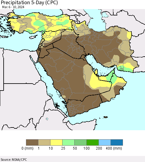 Middle East and Turkey Precipitation 5-Day (CPC) Thematic Map For 3/6/2024 - 3/10/2024