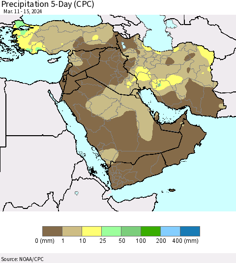 Middle East and Turkey Precipitation 5-Day (CPC) Thematic Map For 3/11/2024 - 3/15/2024