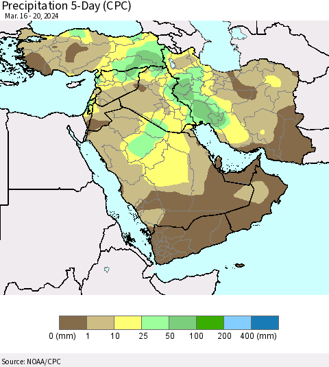 Middle East and Turkey Precipitation 5-Day (CPC) Thematic Map For 3/16/2024 - 3/20/2024