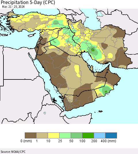 Middle East and Turkey Precipitation 5-Day (CPC) Thematic Map For 3/21/2024 - 3/25/2024