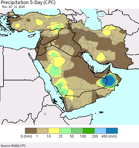 Middle East and Turkey Precipitation 5-Day (CPC) Thematic Map For 3/26/2024 - 3/31/2024