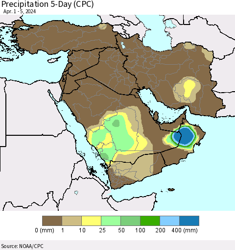 Middle East and Turkey Precipitation 5-Day (CPC) Thematic Map For 4/1/2024 - 4/5/2024