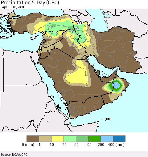 Middle East and Turkey Precipitation 5-Day (CPC) Thematic Map For 4/6/2024 - 4/10/2024