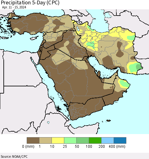 Middle East and Turkey Precipitation 5-Day (CPC) Thematic Map For 4/11/2024 - 4/15/2024