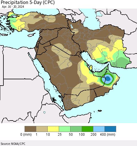 Middle East and Turkey Precipitation 5-Day (CPC) Thematic Map For 4/16/2024 - 4/20/2024
