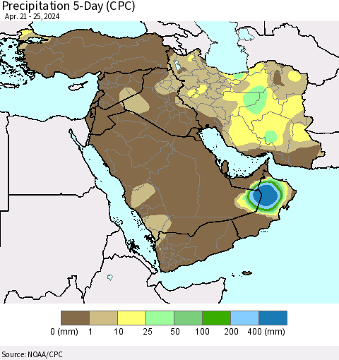Middle East and Turkey Precipitation 5-Day (CPC) Thematic Map For 4/21/2024 - 4/25/2024