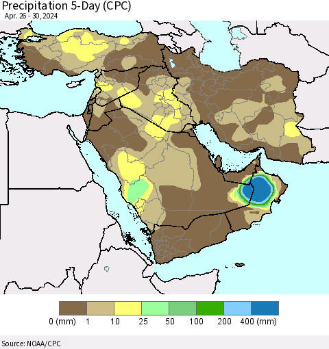 Middle East and Turkey Precipitation 5-Day (CPC) Thematic Map For 4/26/2024 - 4/30/2024