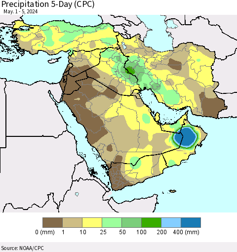 Middle East and Turkey Precipitation 5-Day (CPC) Thematic Map For 5/1/2024 - 5/5/2024