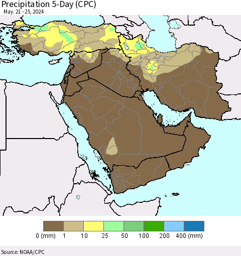 Middle East and Turkey Precipitation 5-Day (CPC) Thematic Map For 5/21/2024 - 5/25/2024