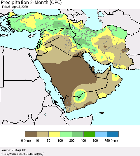 Middle East and Turkey Precipitation 2-Month (CPC) Thematic Map For 2/6/2020 - 4/5/2020