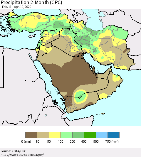 Middle East and Turkey Precipitation 2-Month (CPC) Thematic Map For 2/11/2020 - 4/10/2020