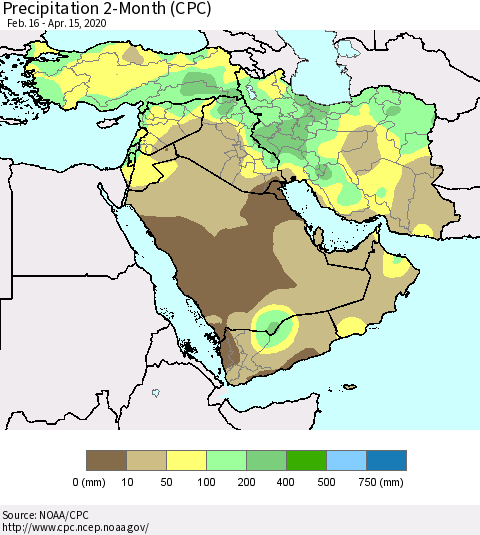Middle East and Turkey Precipitation 2-Month (CPC) Thematic Map For 2/16/2020 - 4/15/2020