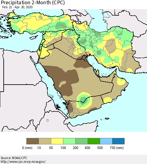 Middle East and Turkey Precipitation 2-Month (CPC) Thematic Map For 2/21/2020 - 4/20/2020