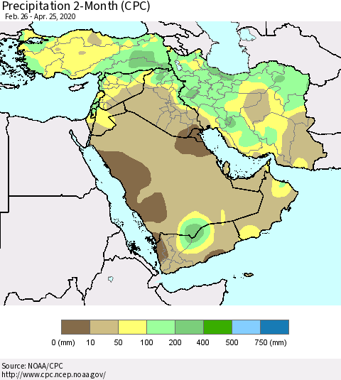 Middle East and Turkey Precipitation 2-Month (CPC) Thematic Map For 2/26/2020 - 4/25/2020