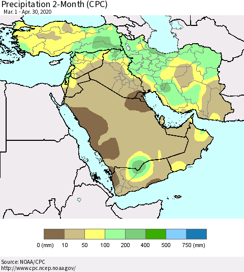 Middle East and Turkey Precipitation 2-Month (CPC) Thematic Map For 3/1/2020 - 4/30/2020